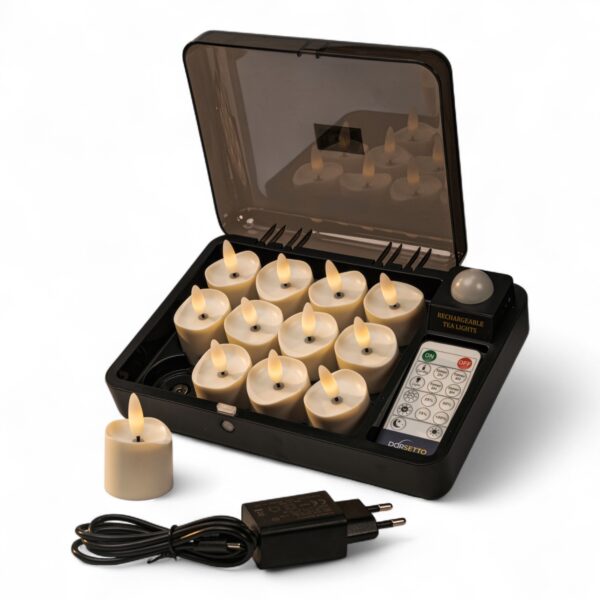 De 3D oplaadbare LED-thee/waxinelichtjes set (12 stuks) bevat een zwarte oplaadhouder, afstandsbediening en voedingsadapter. Elk IP68 waterdicht waxinelichtje heeft een vlamvormig uiteinde en biedt tot 400 uur gebruik en timerfunctie.