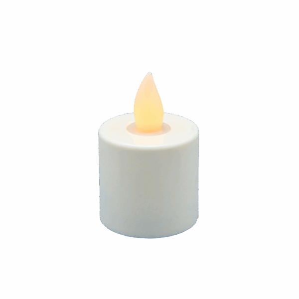 Het LED waxinelichtje met schuifje onderop oplaadbaar warm wit LOS is een klein, oplaadbaar wit waxinelichtje met een warmgele vlamvormige bovenkant, dat zacht gloeit tegen een zwarte achtergrond.