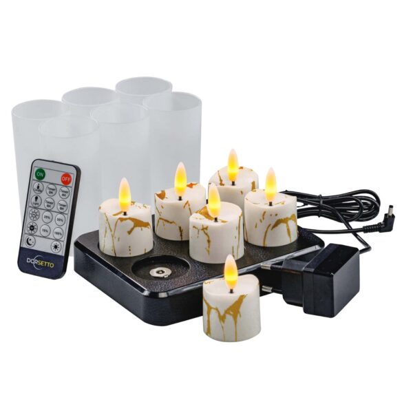 De 3D oplaadbare LED-Waxine/theelichtjes set bevat 6 oplaadbare vlamloze kaarsen met timer, afstandsbediening, oplaadbasis, stroomadapter en matte houders. Elke kaars heeft een gesmolten waslook en gloeiende vlamuiteinden.
