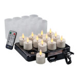 Set van 6 oplaadbare 3D LED theelichtjes (175 uur) met timerfunctie, afstandsbediening, oplaadbasis en voedingsadapter.