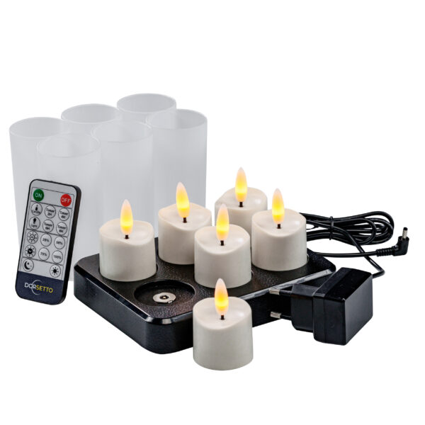 De 3D oplaadbare LED-thee/waxinelichtjes 175 uur - met Afstandsbediening bevat 6 oplaadbare theelichtjes met flikkerend geeloranje licht, matte houders, zwarte oplaadbasis, afstandsbediening, timerfunctie, adapter en snoer.