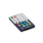 De Afstandsbediening tafellampen dorsetto is een afstandsbediening voor LED lampen met gekleurde knoppen (rood, groen, blauw, wit), helderheidsregelaars, timeropties en modusknoppen - allemaal op een witte achtergrond.