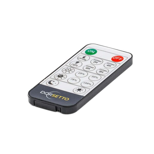 De Afstandsbediening voor 3D LED kaarsje DORSETTO in zwart-wit heeft knoppen voor aan/uit, timer, lichtintensiteit, modus en nacht, weergegeven op een witte achtergrond.