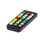 De Afstandsbediening voor RGB LED waxinelichtjes DORSETTO is voorzien van kleurrijke vierkante en witte ronde knoppen, inclusief knoppen voor AAN, UIT en de verlichtingsmodus, allemaal tegen een witte achtergrond.