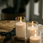 Drie DORSETTO kaarsen in glas (oplaadbaar, 105 uur brandtijd, 3D vlam, met afstandsbediening) staan aan in glazen houders op hout, met groen ernaast. De onscherpe achtergrond zorgt voor een warme en gezellige sfeer.