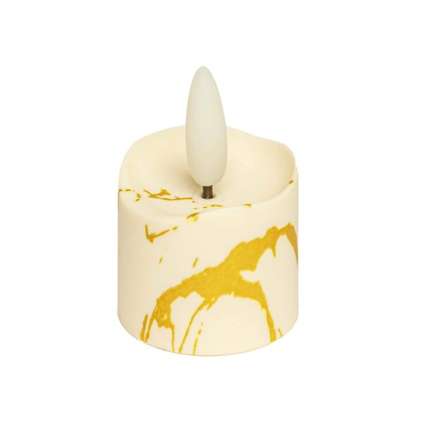 Een 3D oplaadbaar LED-Waxine/theelichtje (set van 12) met een crèmegele gemarmerde look, witte vlamvormige punt, timerfunctie, afstandsbediening en een gebruiksduur tot 175 uur, afgebeeld tegen een effen witte achtergrond.