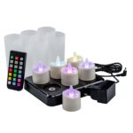 De RGB LED-Waxine/theelichtjes waterdicht 68 uur oplaadbaar (6 stuks) set bevat 6 oplaadbare, van kleur veranderende theelichtjes, een oplaadbasis, afstandsbediening, 6 frosted houders en een voedingsadapter.