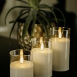 Drie DORSETTO led kaarsen met 3D vlam en oplaadbaar tot 105 uur staan in heldere glazen houders op een donker oppervlak, met een groene plant in een gouden pot onscherp op de achtergrond.