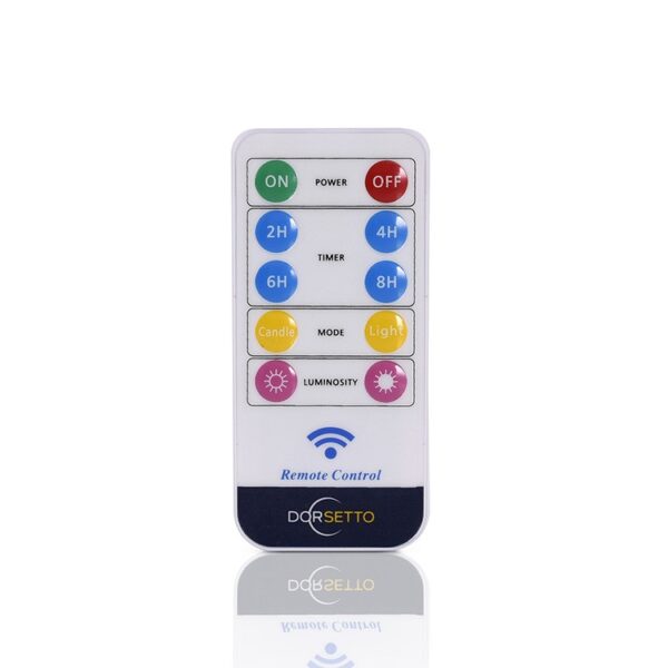 De DORSETTO afstandsbediening wit voor led wax kaarsen heeft kleurrijke en duidelijk gemarkeerde knoppen voor aan/uit, timer (2H, 4H, 6H, 8H), modus (candle, light) en eenvoudige lichtsterkte-instelling. Gebruiksvriendelijk ontwerp.