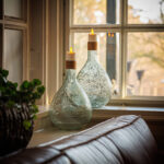 Twee glazen vazen met 3D oplaadbare LED-thee/waxinelichtjes (175 uur, afstandsbediening, timerfunctie, 6 stuks) erop staan op een vensterbank naast een leren bank. Op de voorgrond is groen te zien terwijl het daglicht naar binnen stroomt.