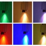 Zes spots projecteren kleuren op een muur - groen, geel, paars boven; rood, blauw, lichtblauw onder - en vormen zo unieke driehoeken. Dit creƫert een LED Sterrenhemel (400 sterren) effect met 4,5 meter lange glasvezelkabels.