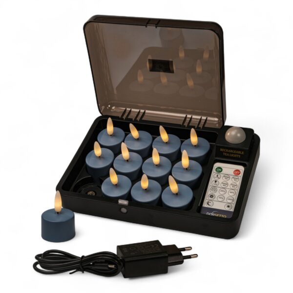 Een zwarte oplaadbox met 12 blauwe oplaadbare waxinelichtjes (Stone Bleu No.86, brandtijd tot 400 uur), een afstandsbediening, één theelichtje buiten de koffer, plus een zwarte voedingsadapter en kabel aan de voorkant.